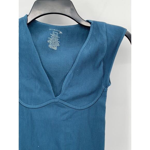 FREE PEOPLE INTIMATELY Women's Blue Ribbed V-Neck Cap Sleeve Bodysuit SZ XS/S - Picture 3 of 11